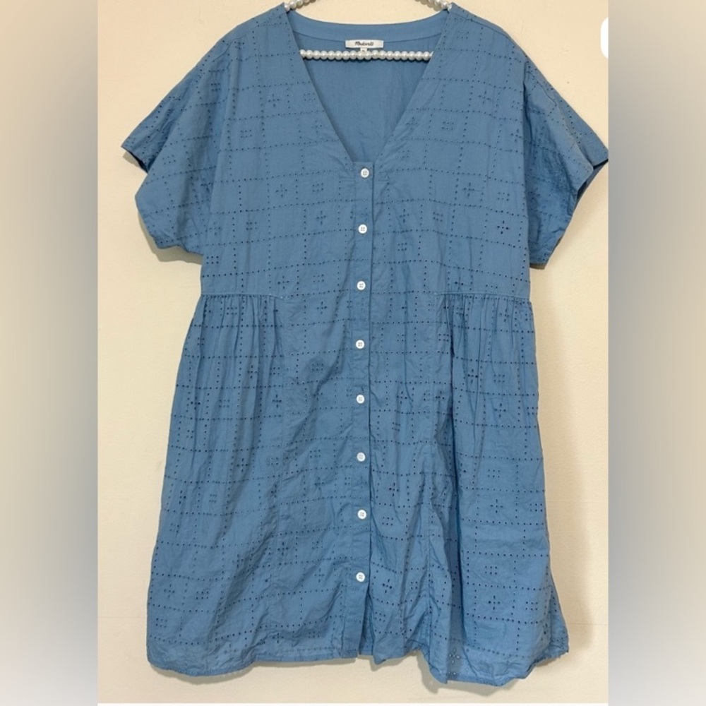 Madewell Tranquil Lake Blue Eyelet Button Front V-Neck Mini Dress SIZE XL - Picture 6 of 10